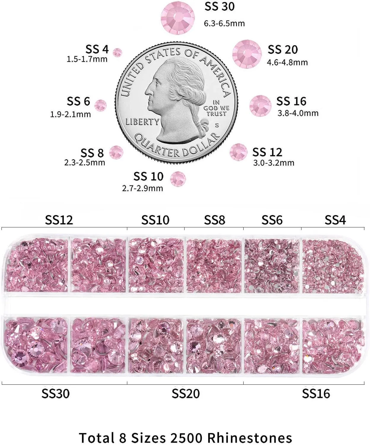 Beadsland Rhinestones for Makeup,8 Sizes 2500pcs Pink Flatback Rhinestones Face Gems for Nails Crafts with Tweezers and Wax Pencil,Light Pink,SS4-SS30