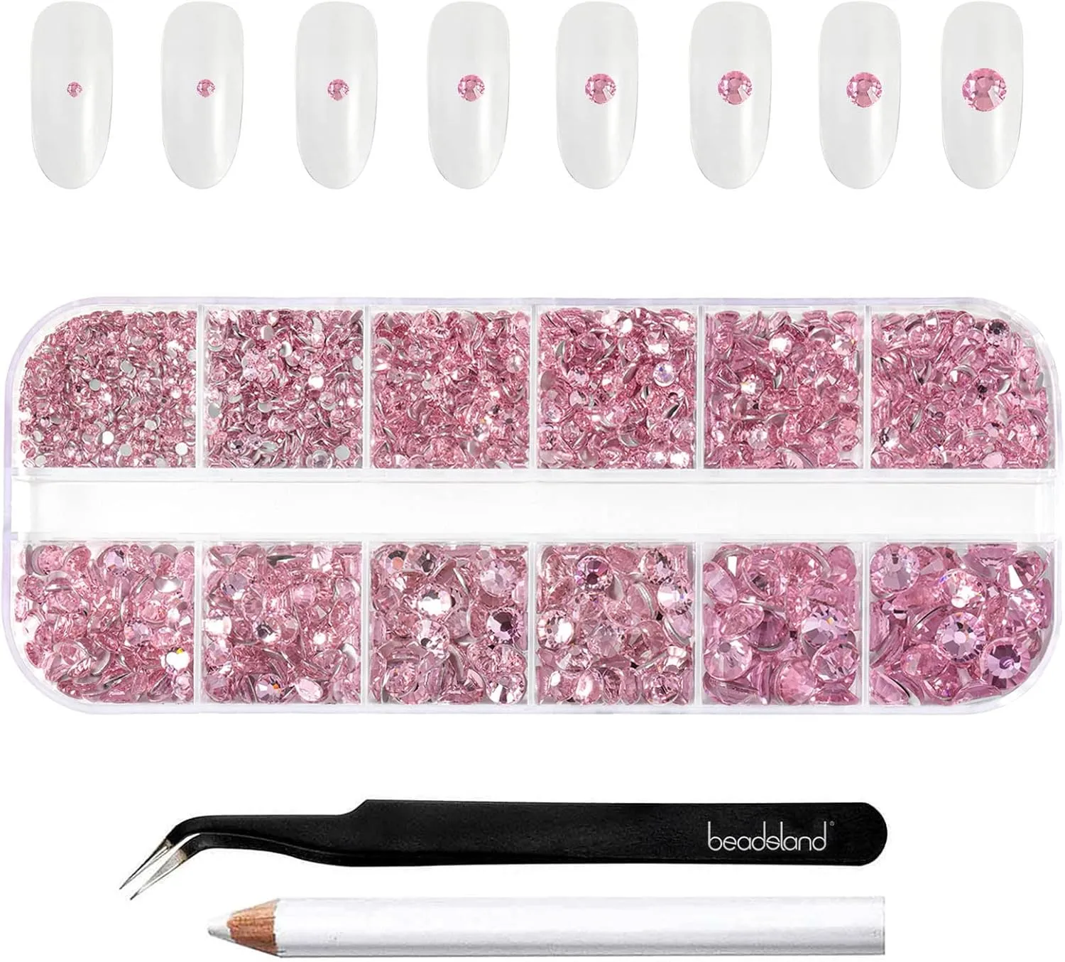 Beadsland Rhinestones for Makeup,8 Sizes 2500pcs Pink Flatback Rhinestones Face Gems for Nails Crafts with Tweezers and Wax Pencil,Light Pink,SS4-SS30