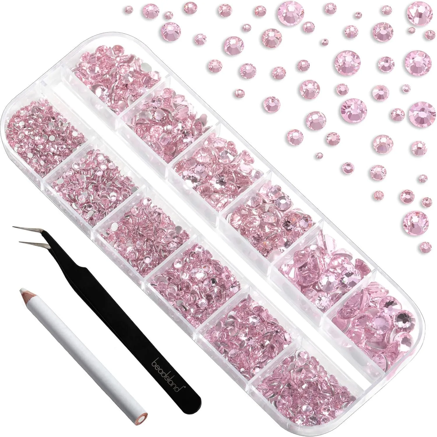 Beadsland Rhinestones for Makeup,8 Sizes 2500pcs Pink Flatback Rhinestones Face Gems for Nails Crafts with Tweezers and Wax Pencil,Light Pink,SS4-SS30