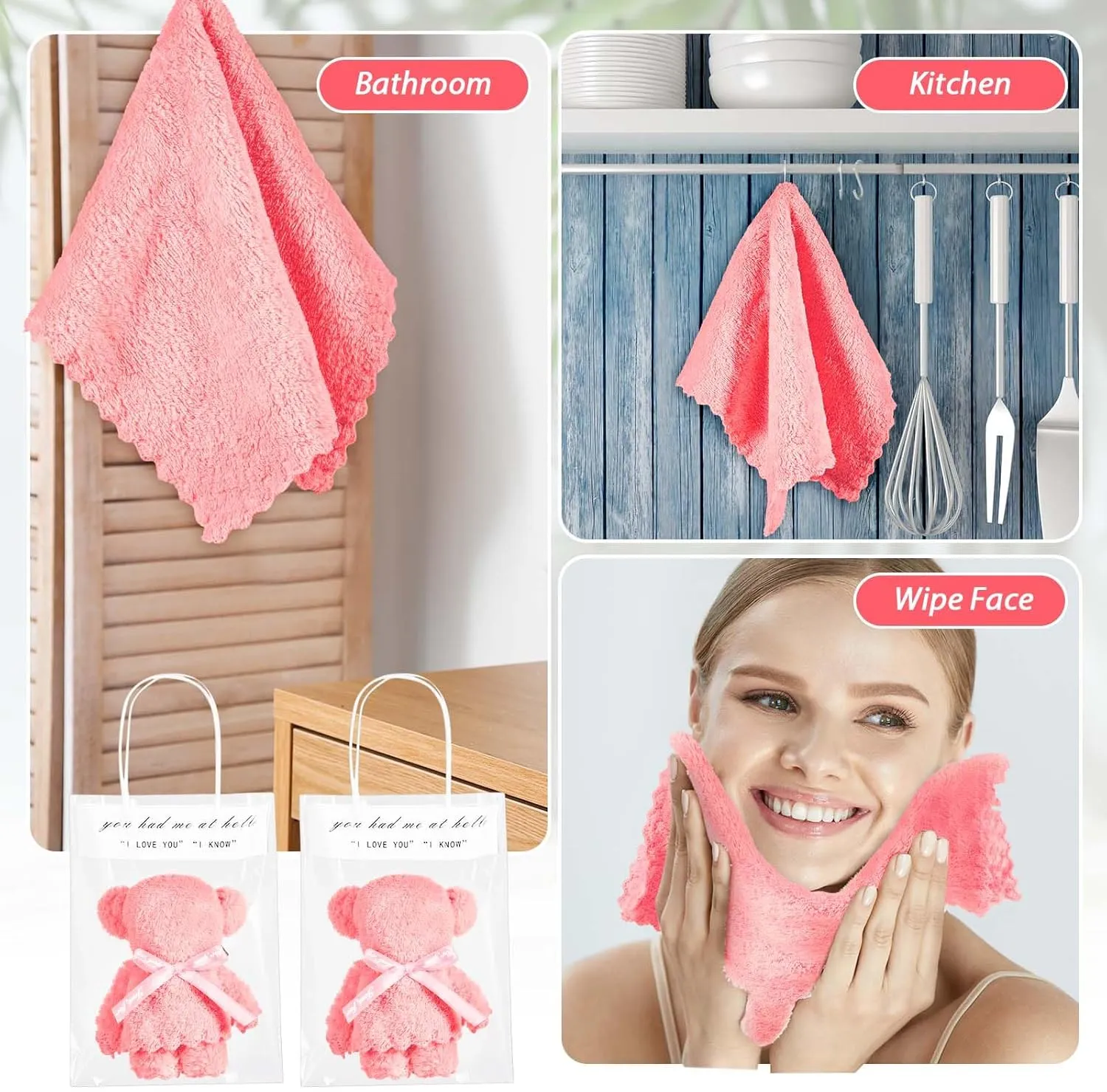 Bear Bath Towel Gift Soft Coral Fleece Hand Towels with Bags for Wedding Graduation Valentine Baby Shower Birthday Souvenir Supplies(Pink,50 Sets)