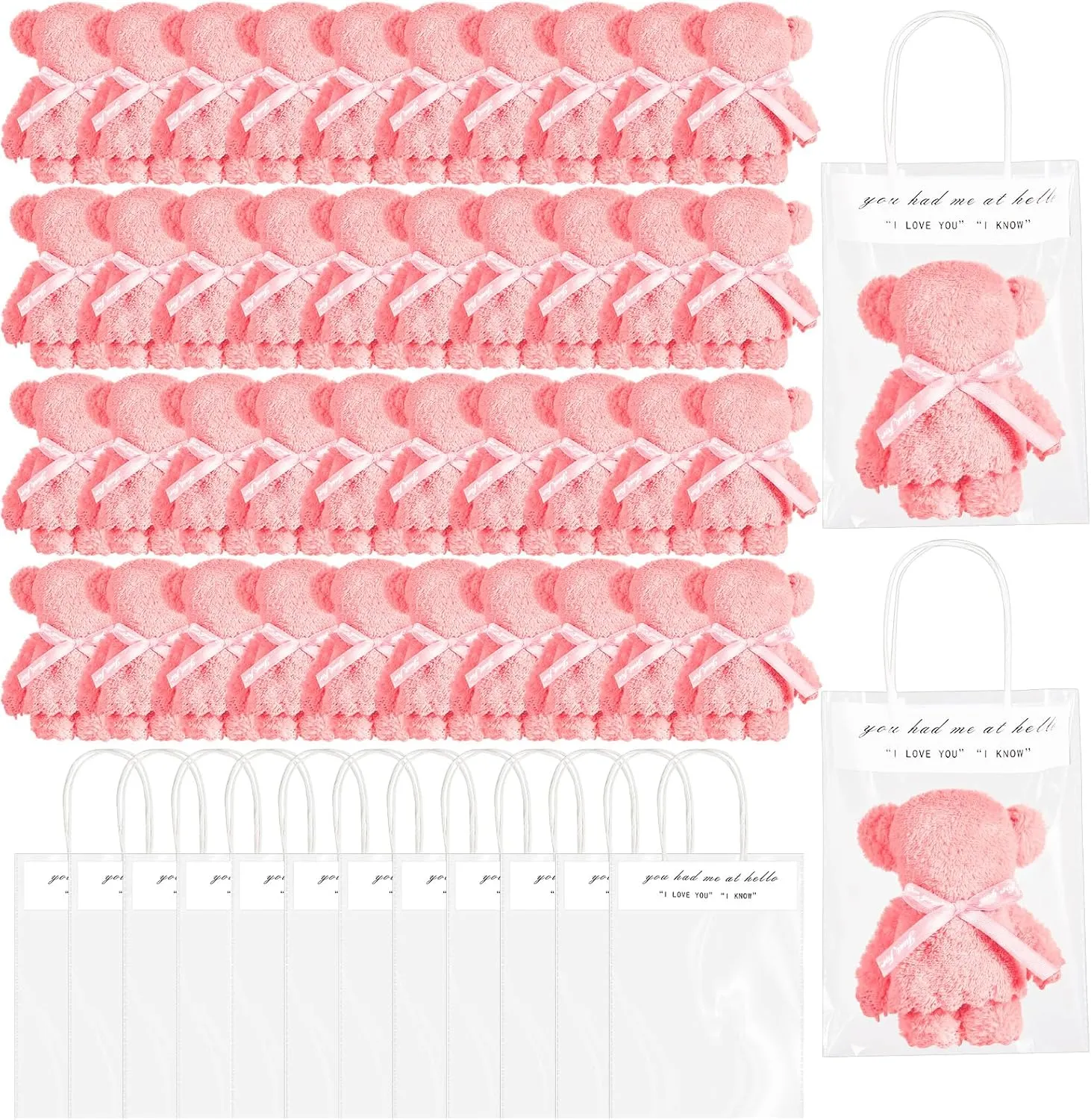 Bear Bath Towel Gift Soft Coral Fleece Hand Towels with Bags for Wedding Graduation Valentine Baby Shower Birthday Souvenir Supplies(Pink,50 Sets)