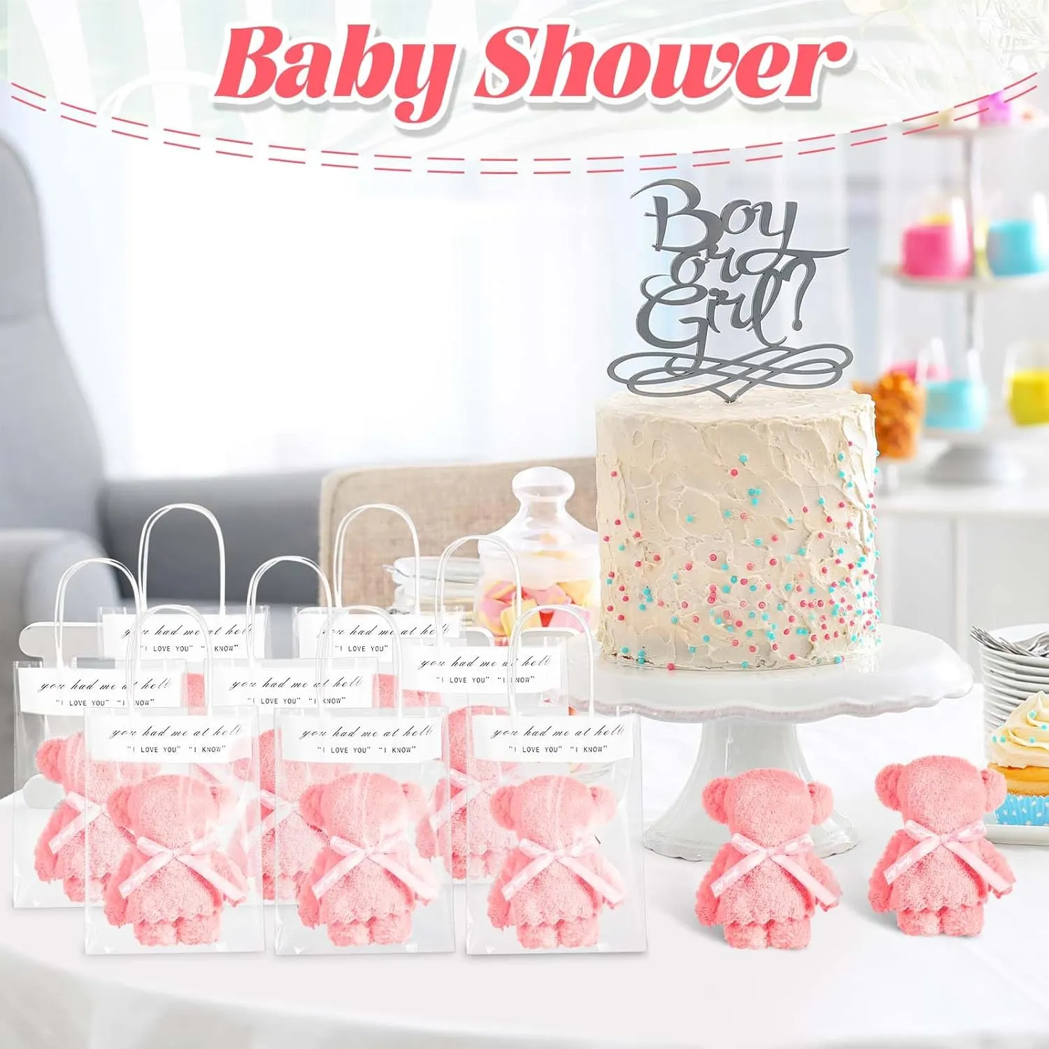 Bear Bath Towel Gift Soft Coral Fleece Hand Towels with Bags for Wedding Graduation Valentine Baby Shower Birthday Souvenir Supplies(Pink,50 Sets)