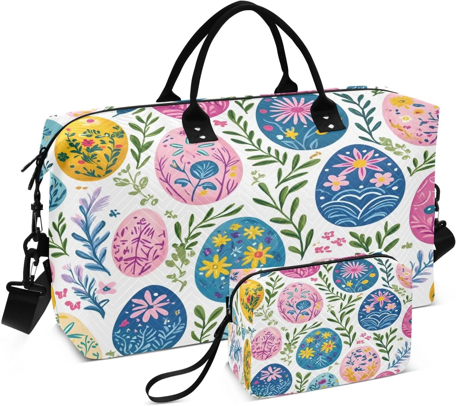 Beautiful Easter Eggs Travel Duffel Bags 2PCS,Sports Duffel Bags for Men Women,Weekender Overnight Bag Gym Tote Bag with Toiletry Bag