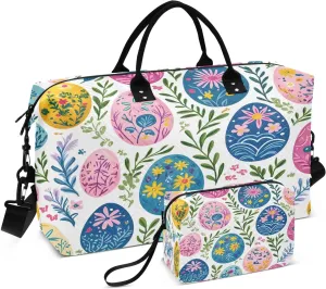 Beautiful Easter Eggs Travel Duffel Bags 2PCS,Sports Duffel Bags for Men Women,Weekender Overnight Bag Gym Tote Bag with Toiletry Bag