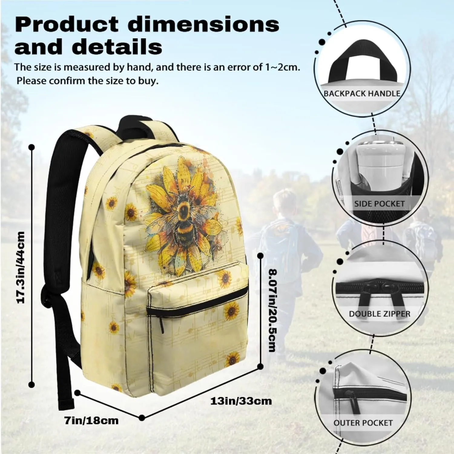 Bee and Sunflowers Backpack for School Girls Boys Book Bag with Lunch Box and Pencil Case School Bag Set 17 Inch Bookbag