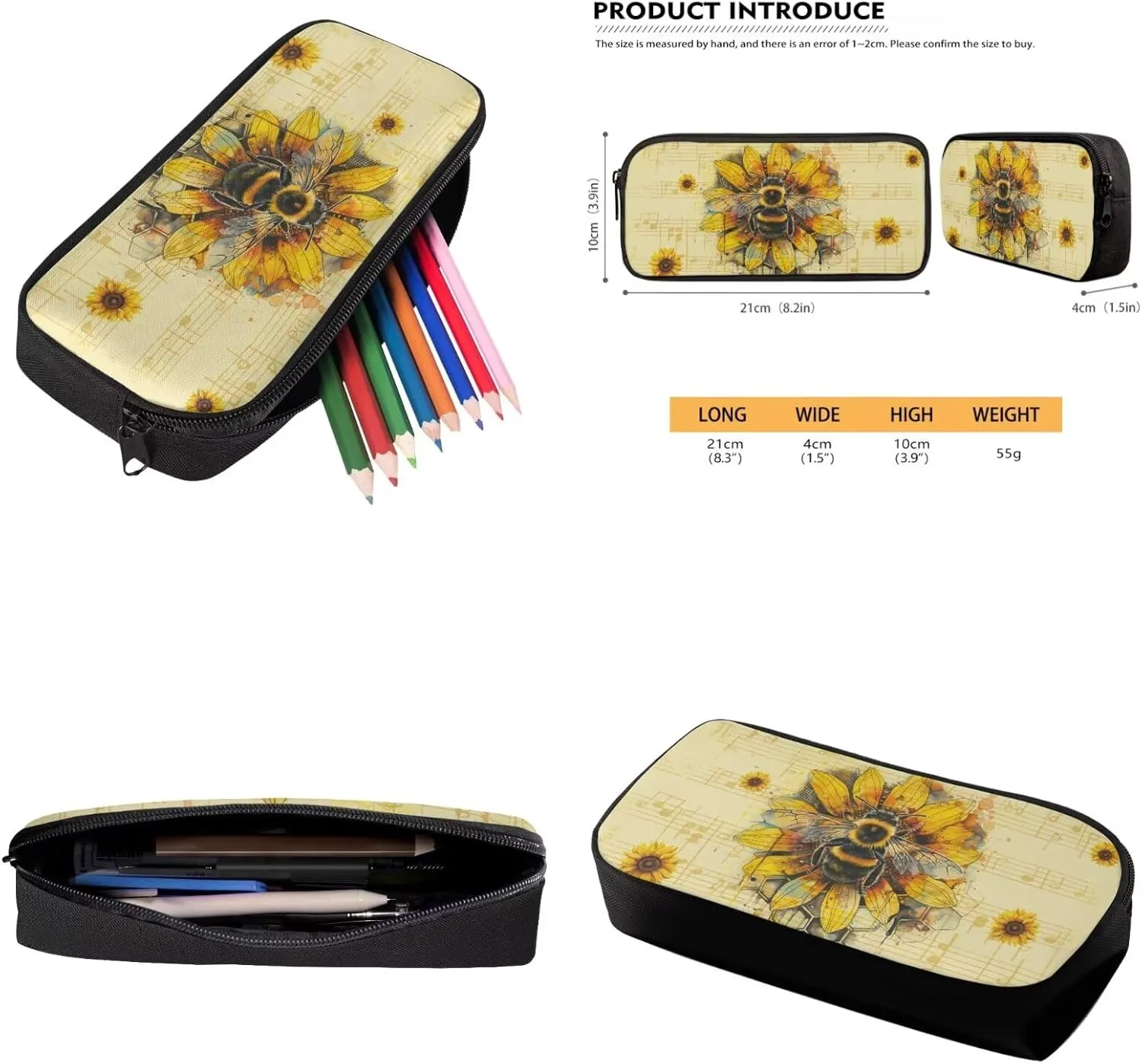 Bee and Sunflowers Backpack for School Girls Boys Book Bag with Lunch Box and Pencil Case School Bag Set 17 Inch Bookbag