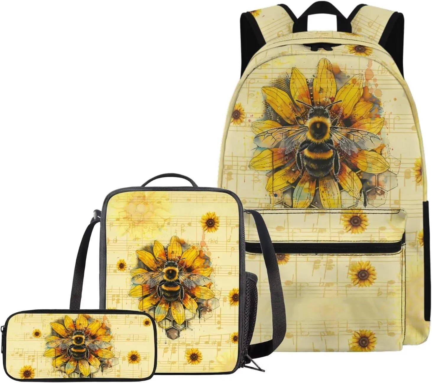Bee and Sunflowers Backpack for School Girls Boys Book Bag with Lunch Box and Pencil Case School Bag Set 17 Inch Bookbag