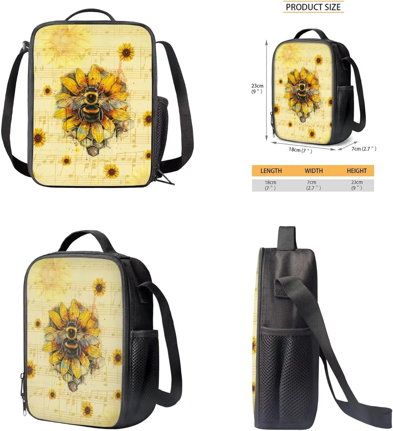 Bee and Sunflowers Backpack for School Girls Boys Book Bag with Lunch Box and Pencil Case School Bag Set 17 Inch Bookbag
