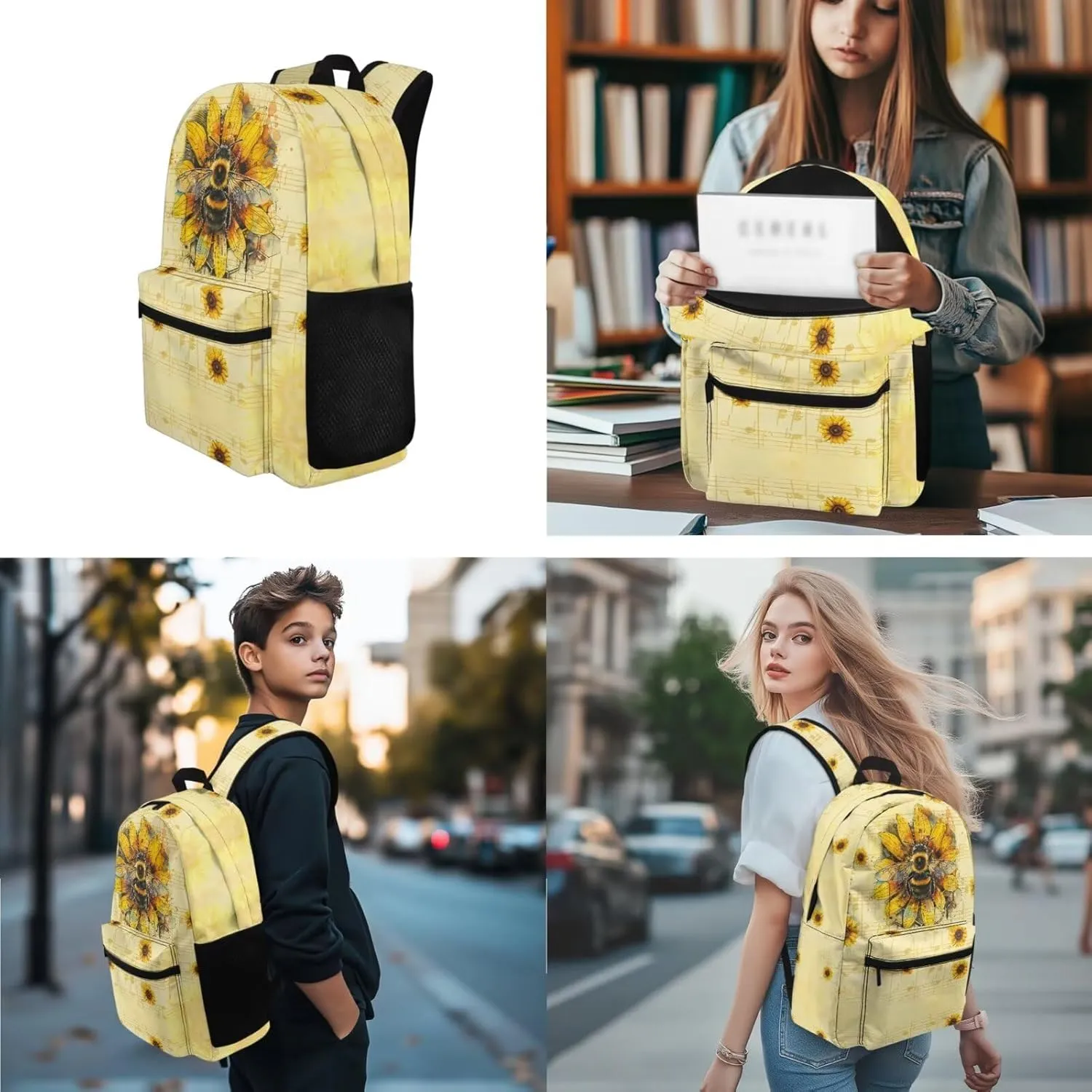 Bee and Sunflowers Backpack for School Girls Boys Book Bag with Lunch Box and Pencil Case School Bag Set 17 Inch Bookbag