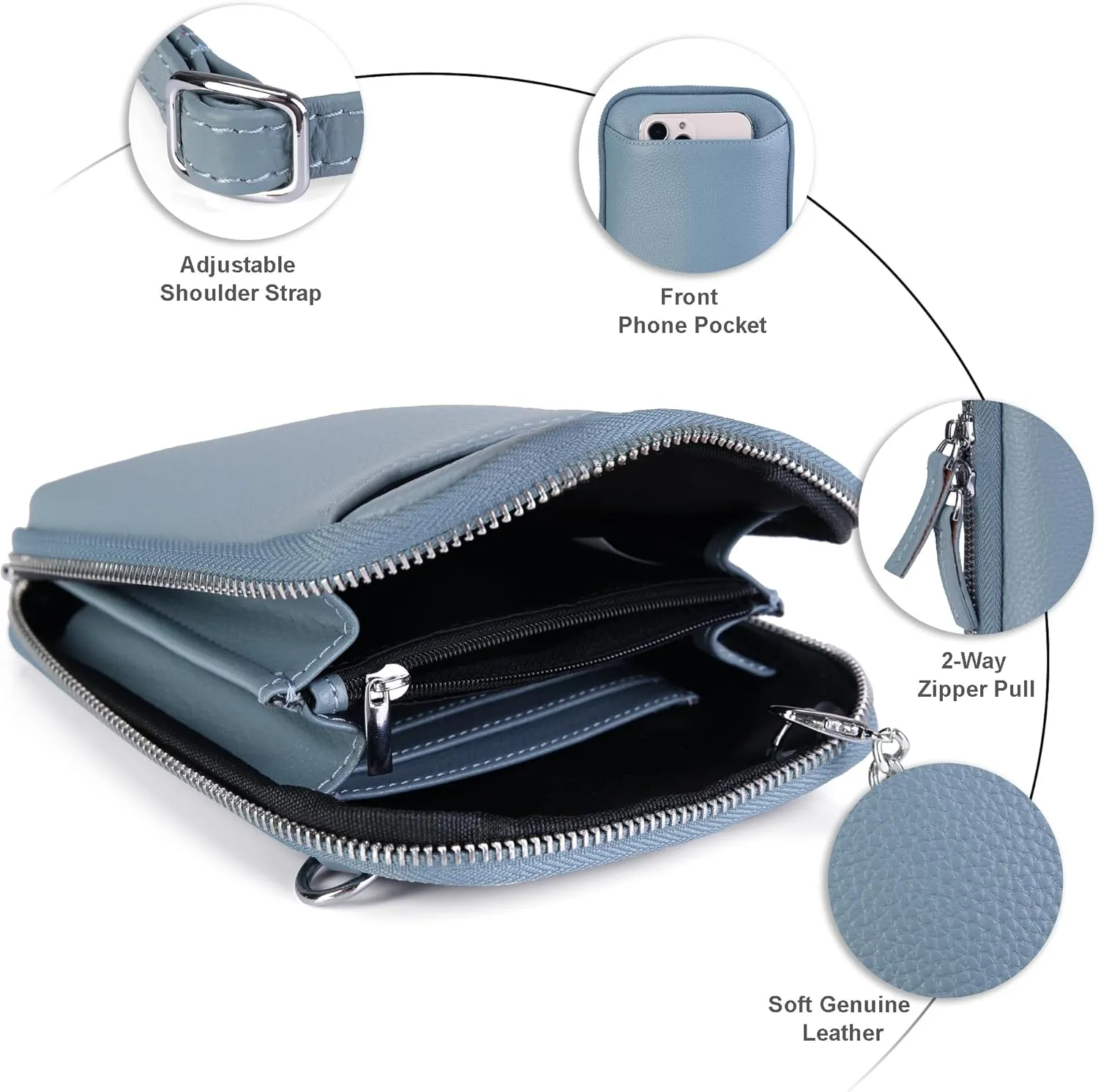 befen Genuine Leather Crossbody Cell Phone Purse for Women, Small Zip Around RFID Blocking Crossbody Wallet Bags