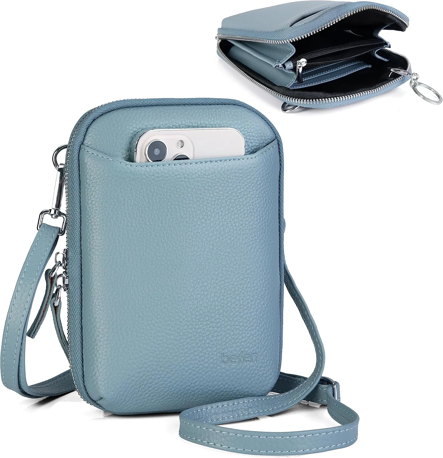 befen Genuine Leather Crossbody Cell Phone Purse for Women, Small Zip Around RFID Blocking Crossbody Wallet Bags