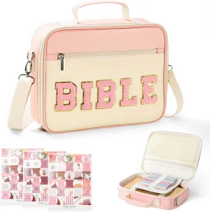 Bible Cover Case for Women with Shoulder Strap, Pink Bible Carrying Bag for Girls, Bible Study Supplies Includes Bible Tabs, Christian Gifts for Women