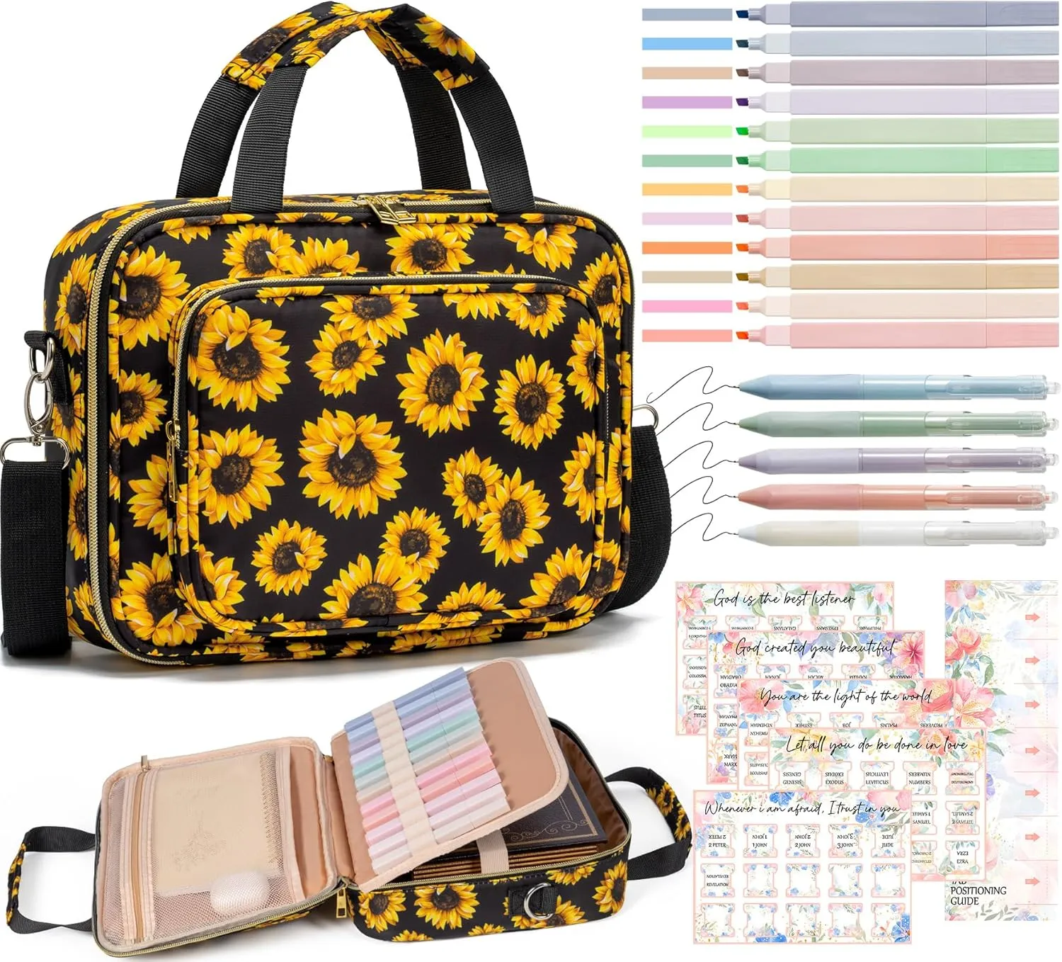 Bible Cover for Women Bible Case, Large Bible Bag w/Shoulder Strap, Bible Study Supplies Bible Journaling Kit Book Carrying Case with Bible Highlighters Tabs, Mothers Day Christian Gifts for Women