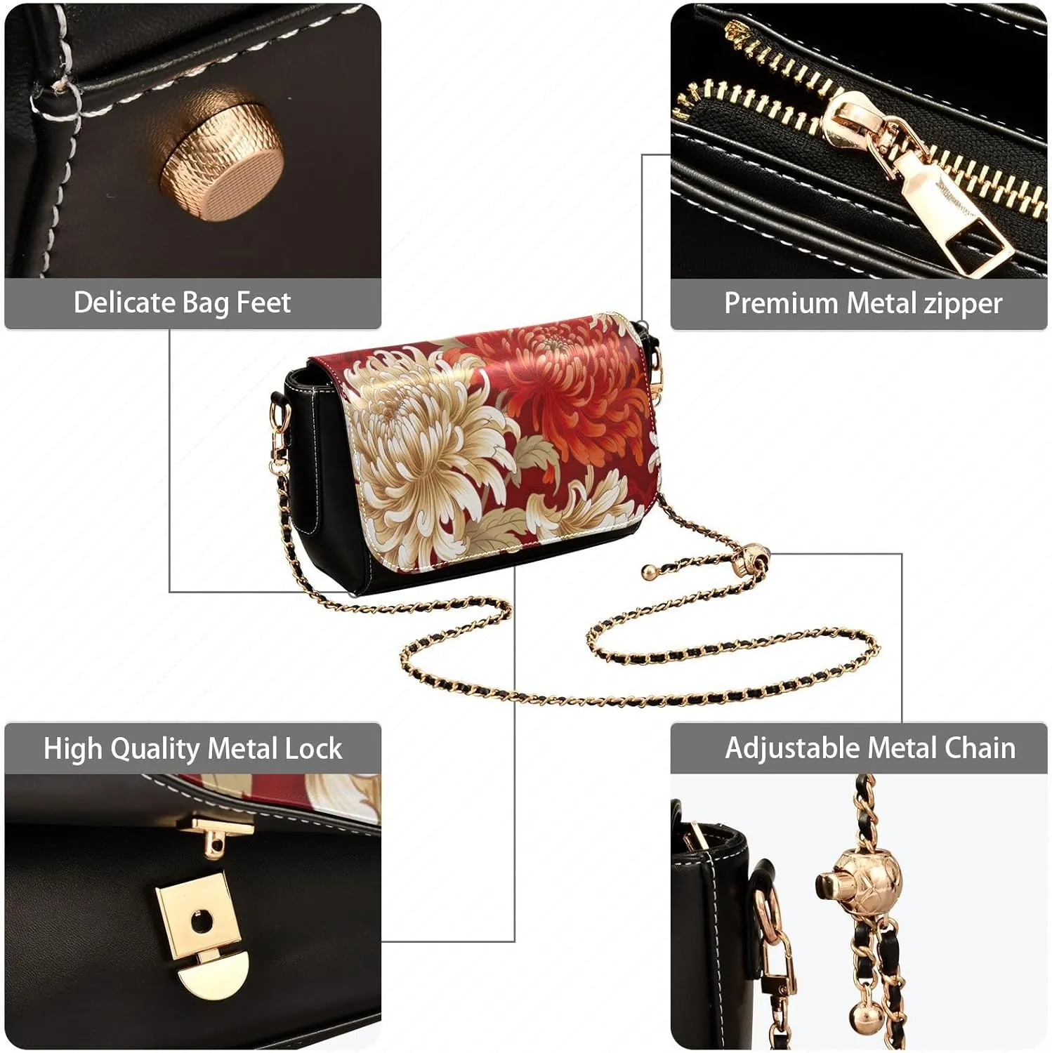 Black Apples on a White Pattern Leather Crossbody Bag, Leather Crossbody Purses for Women Trendy, Leather Ladies Bag