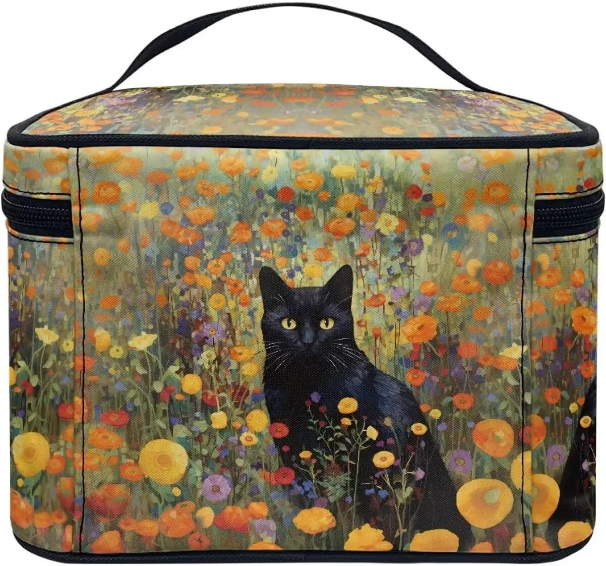 Black Cat Vibrant Floral Pattern Travel Makeup Bags for Women Portable Tote Cosmetic Case with Carry Handle Toiletry Accessories Storage Organizer Bags