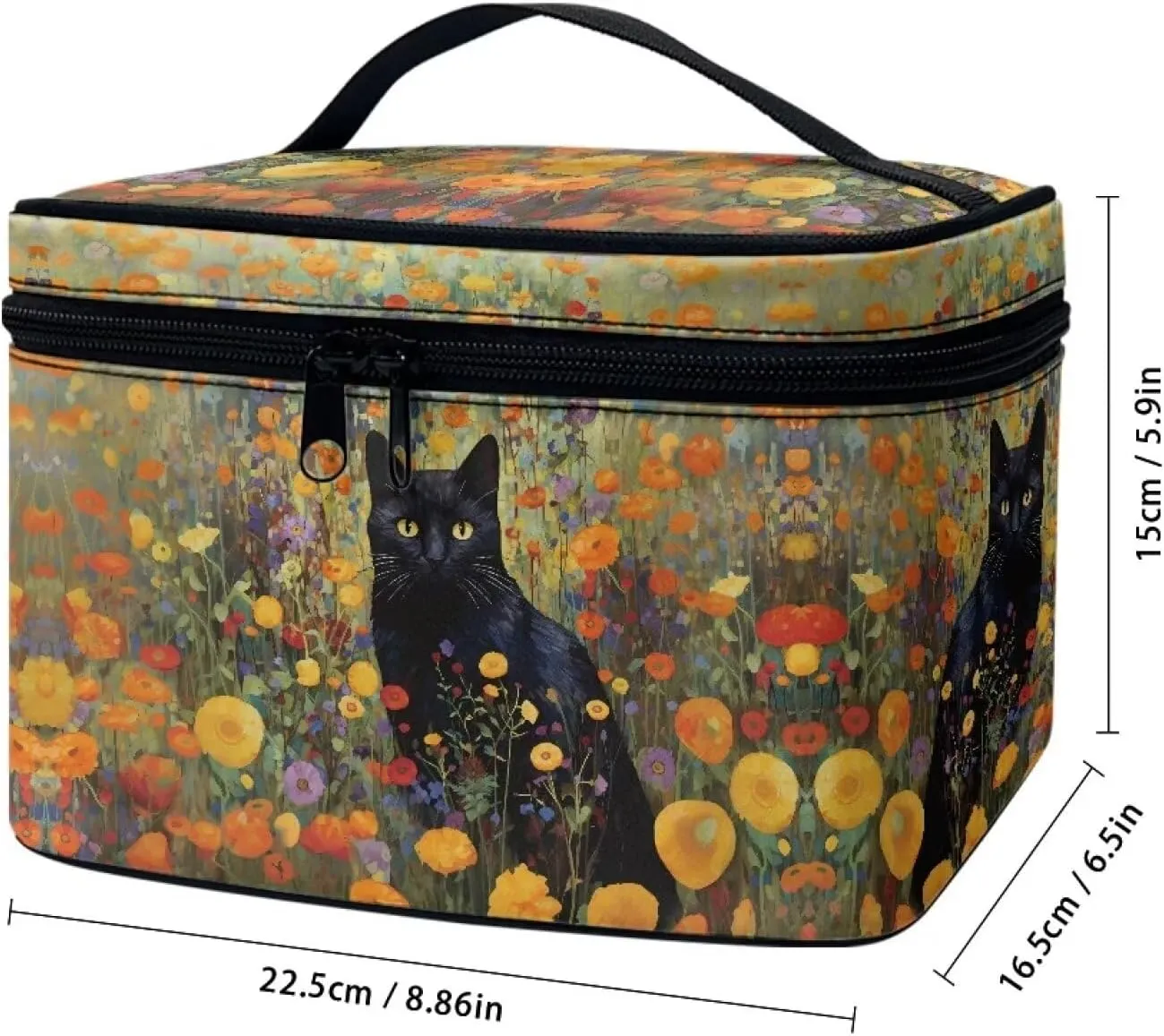 Black Cat Vibrant Floral Pattern Travel Makeup Bags for Women Portable Tote Cosmetic Case with Carry Handle Toiletry Accessories Storage Organizer Bags