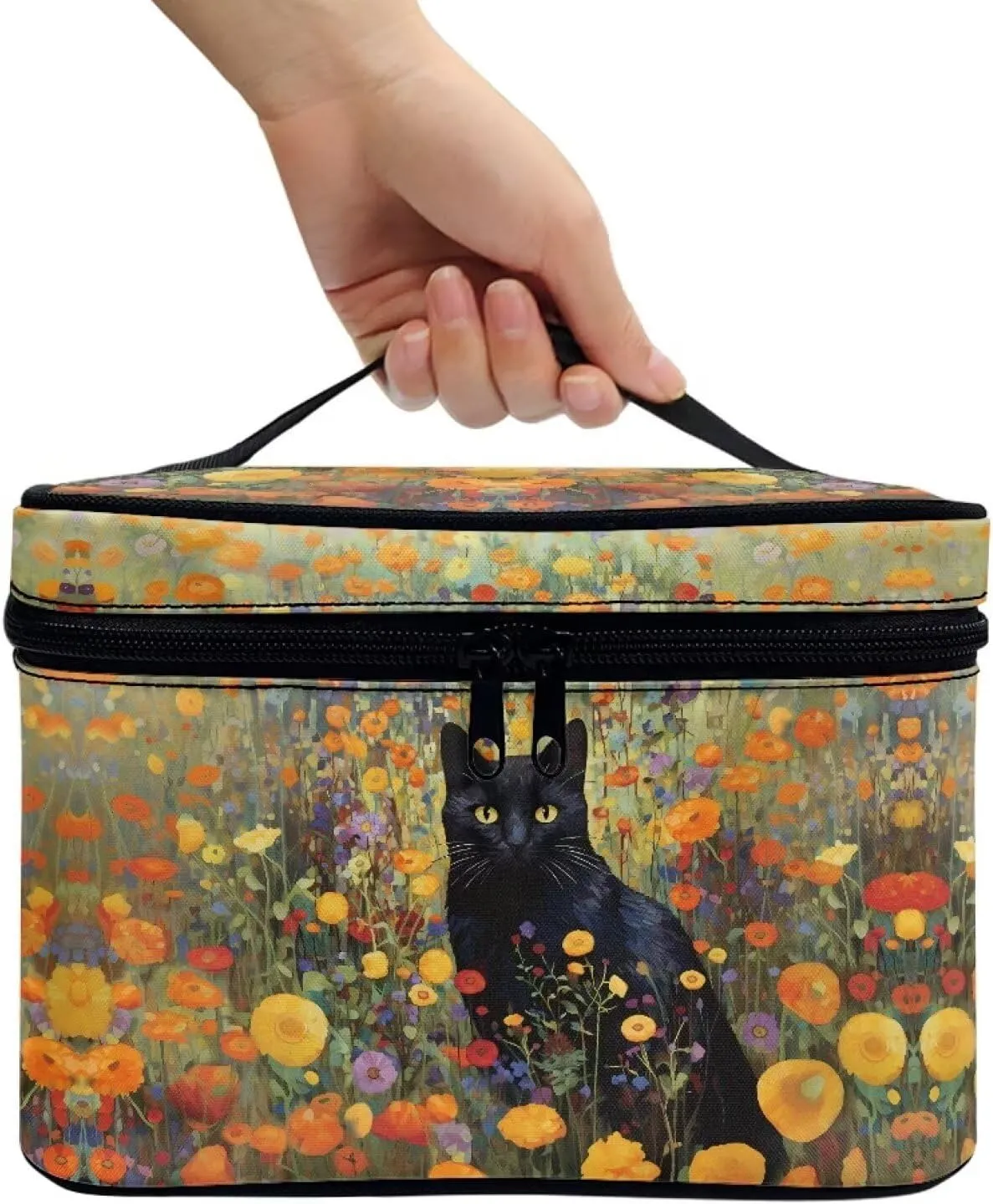 Black Cat Vibrant Floral Pattern Travel Makeup Bags for Women Portable Tote Cosmetic Case with Carry Handle Toiletry Accessories Storage Organizer Bags