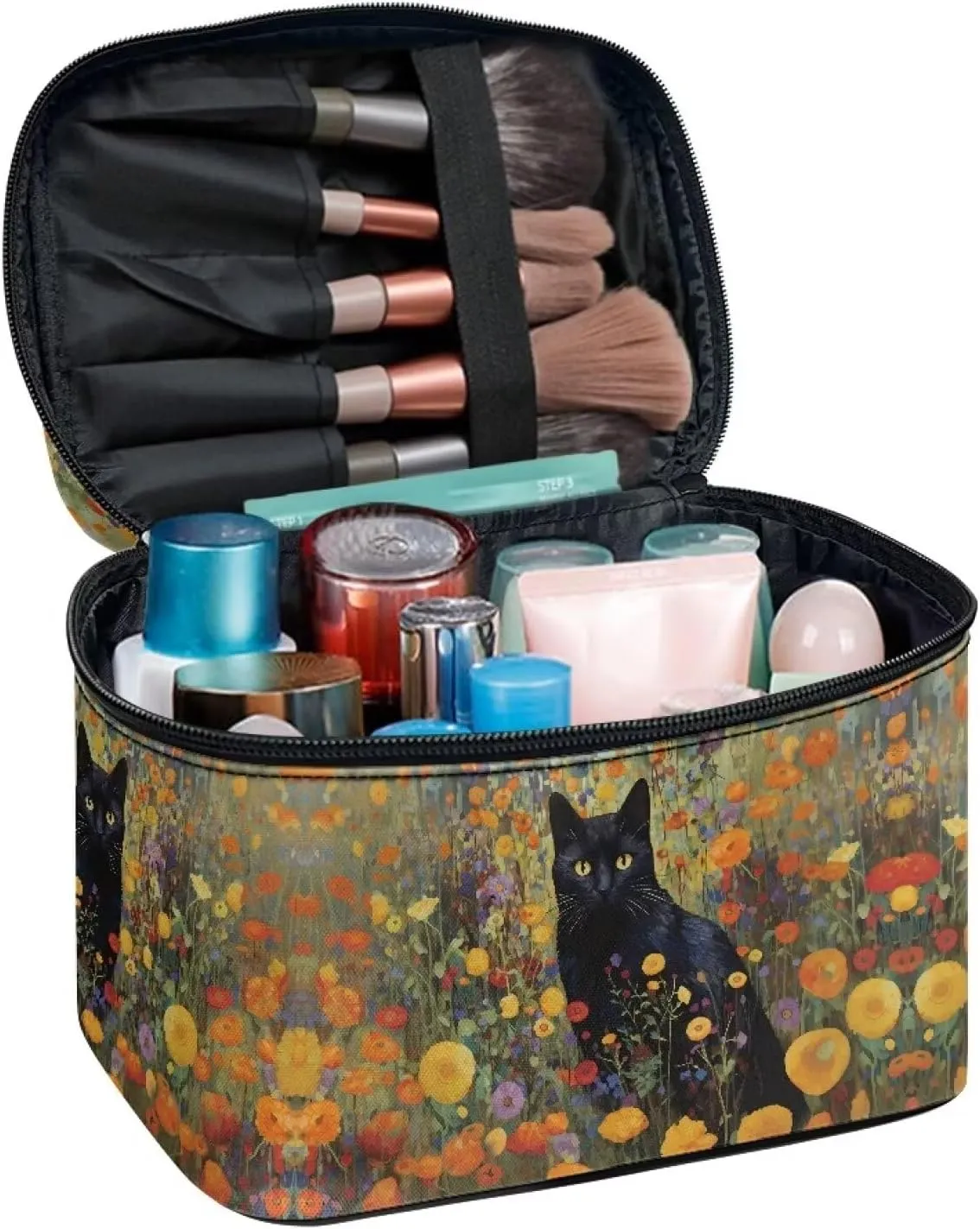 Black Cat Vibrant Floral Pattern Travel Makeup Bags for Women Portable Tote Cosmetic Case with Carry Handle Toiletry Accessories Storage Organizer Bags