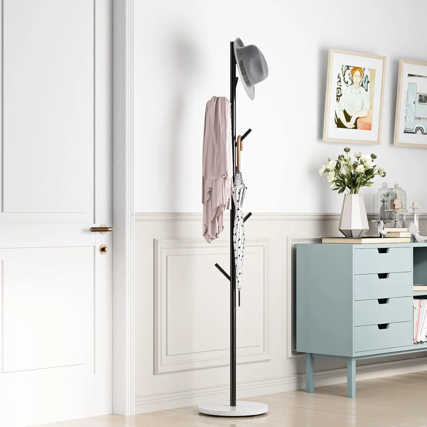 Black Metal Coat Rack, Freestanding with Hooks, Entryway Coat Rack Stand, Coat Racks with Marble Base, Coat Tree for Hanging Clothes, Hats, Bags