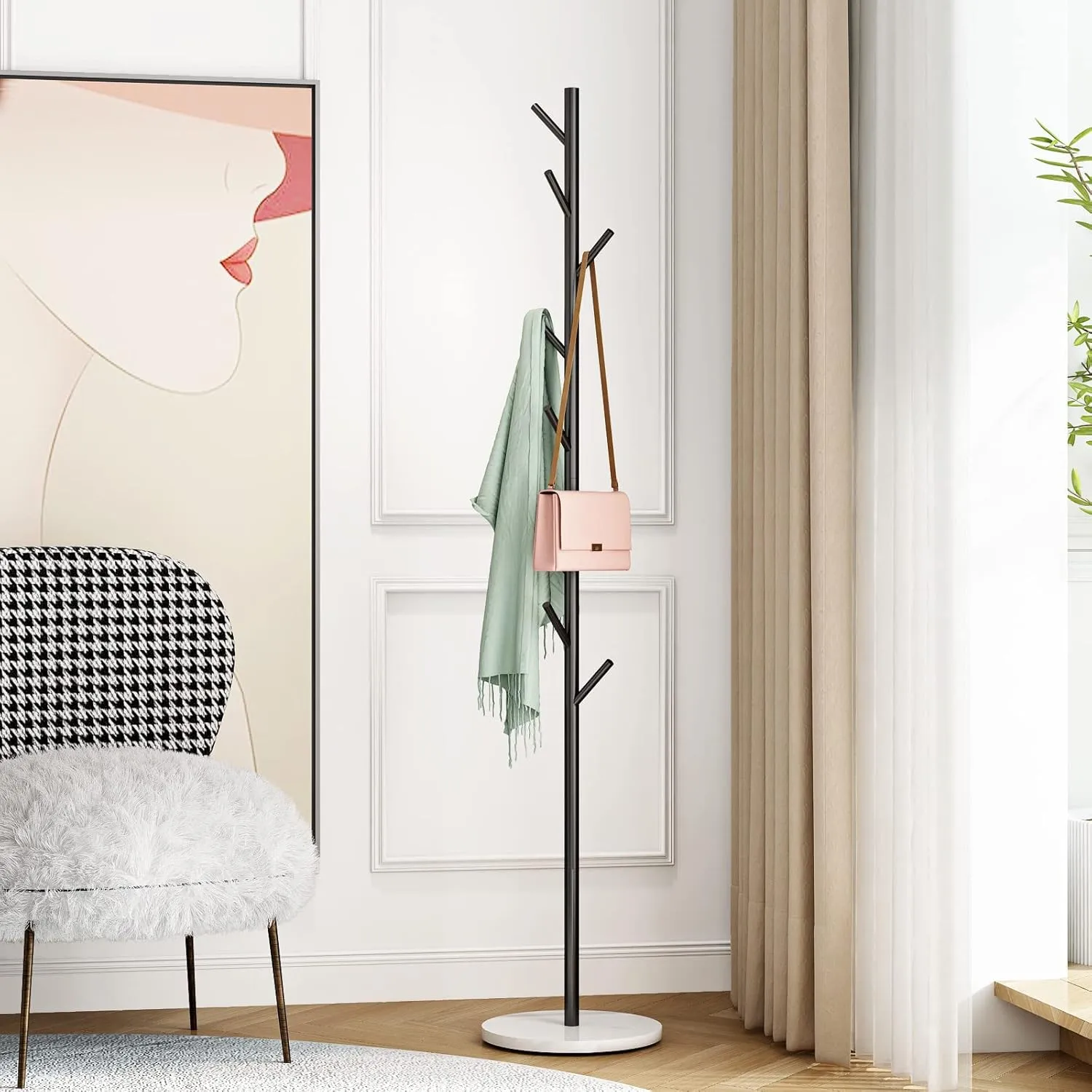 Black Metal Coat Rack, Freestanding with Hooks, Entryway Coat Rack Stand, Coat Racks with Marble Base, Coat Tree for Hanging Clothes, Hats, Bags