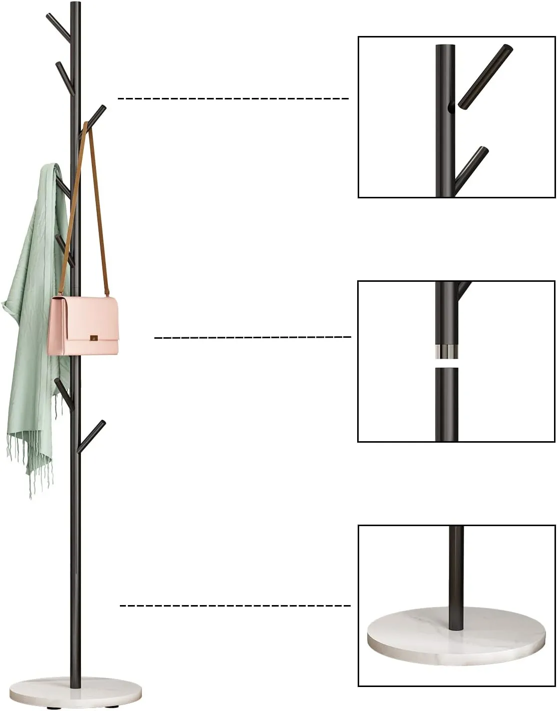 Black Metal Coat Rack, Freestanding with Hooks, Entryway Coat Rack Stand, Coat Racks with Marble Base, Coat Tree for Hanging Clothes, Hats, Bags