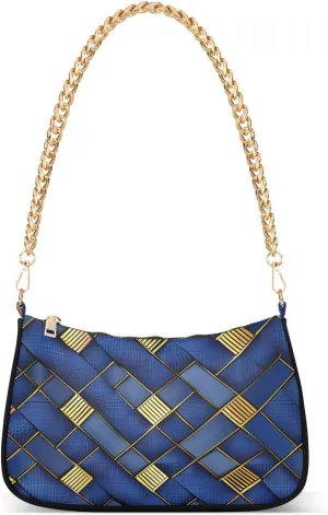 Blue and Gold Rule Pattern chain cross body purses with multi pockets handbag for travel