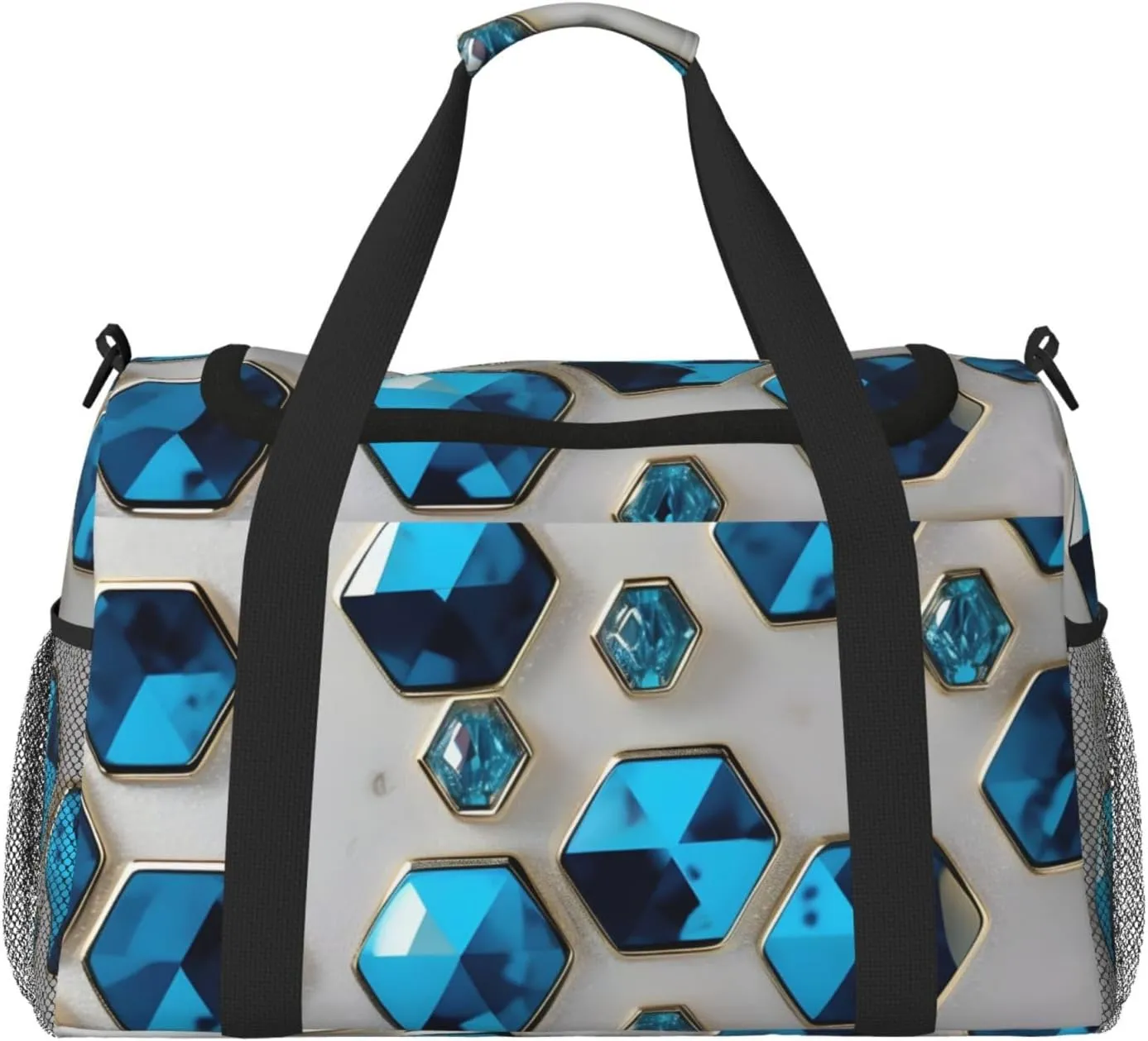 Blue Hexagons And Diamonds Print Travel Hand Travel Bag Weekender Overnight Carry On Tote Foldable Crossbody Bag