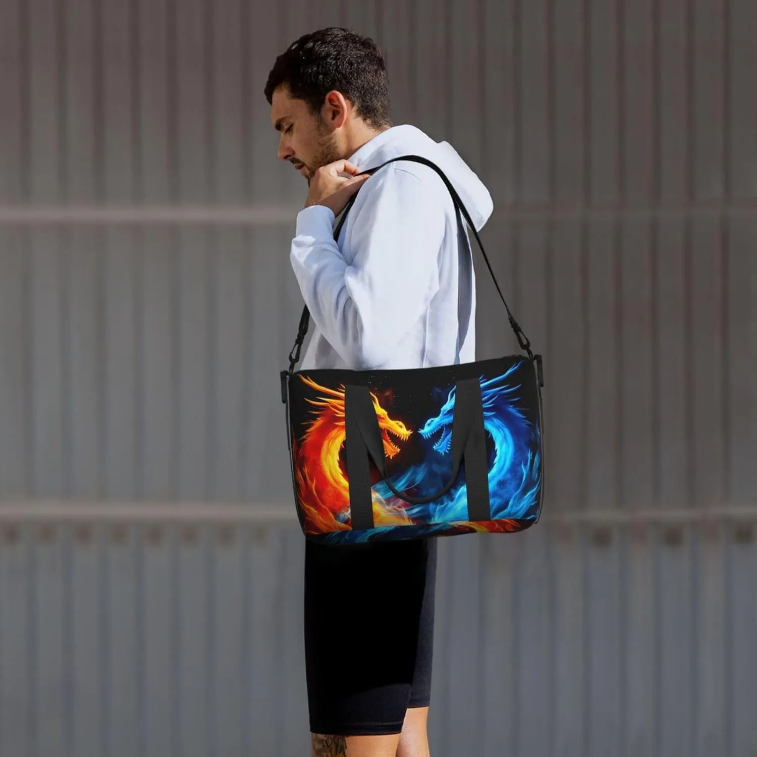 Blue Red Dragon Travel Duffel Bags for Women Men, Sports Training Gym Bag Dance Bag with Adjustable Shoulder Strap Fire Weekender Overnight Bag