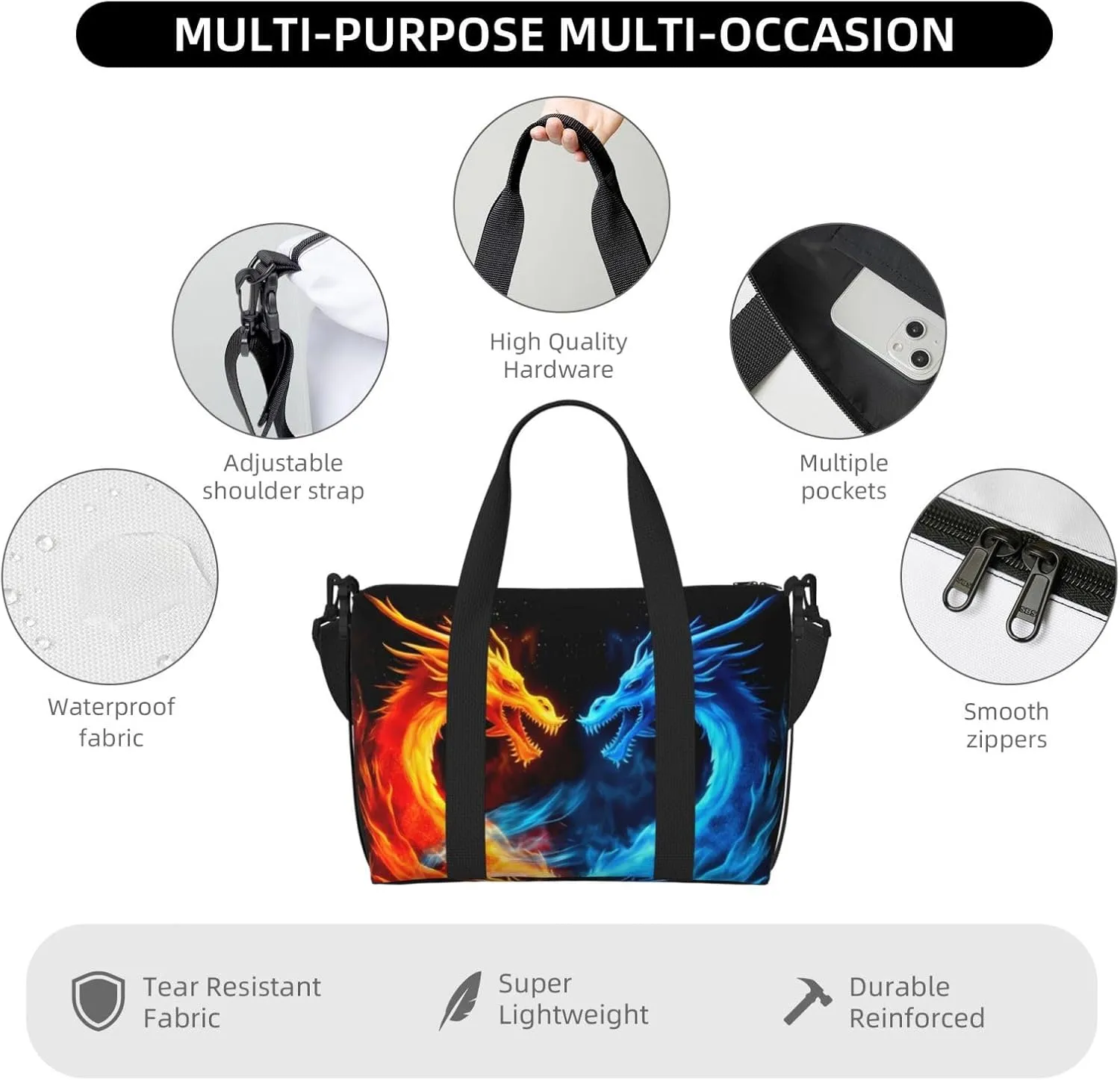 Blue Red Dragon Travel Duffel Bags for Women Men, Sports Training Gym Bag Dance Bag with Adjustable Shoulder Strap Fire Weekender Overnight Bag