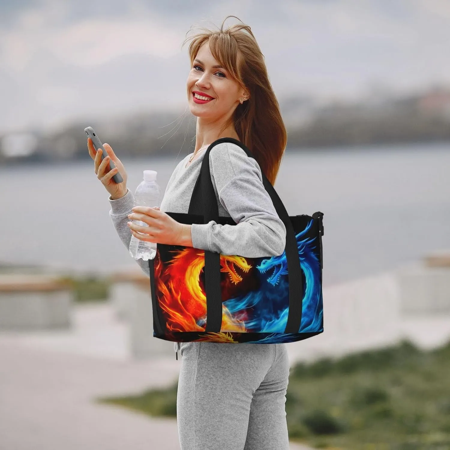Blue Red Dragon Travel Duffel Bags for Women Men, Sports Training Gym Bag Dance Bag with Adjustable Shoulder Strap Fire Weekender Overnight Bag