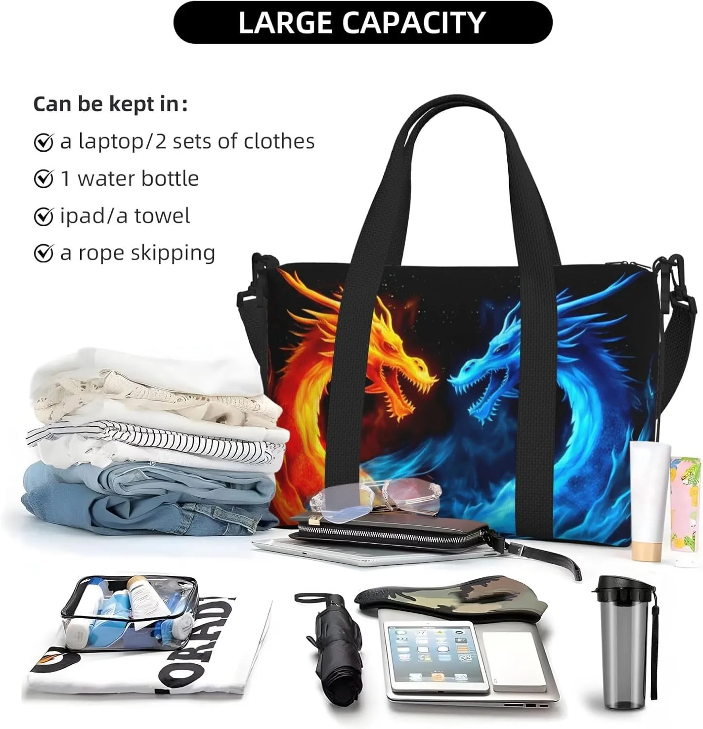 Blue Red Dragon Travel Duffel Bags for Women Men, Sports Training Gym Bag Dance Bag with Adjustable Shoulder Strap Fire Weekender Overnight Bag