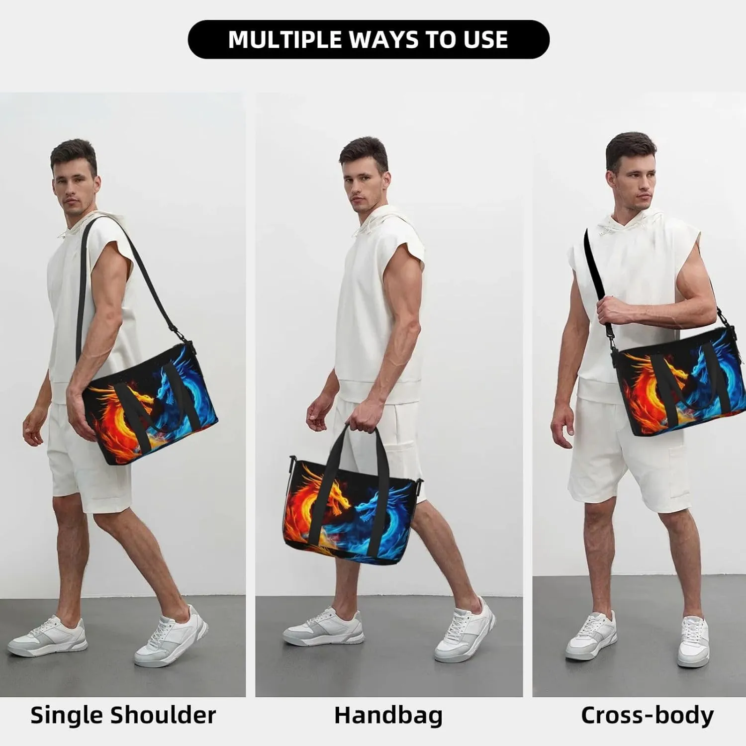 Blue Red Dragon Travel Duffel Bags for Women Men, Sports Training Gym Bag Dance Bag with Adjustable Shoulder Strap Fire Weekender Overnight Bag