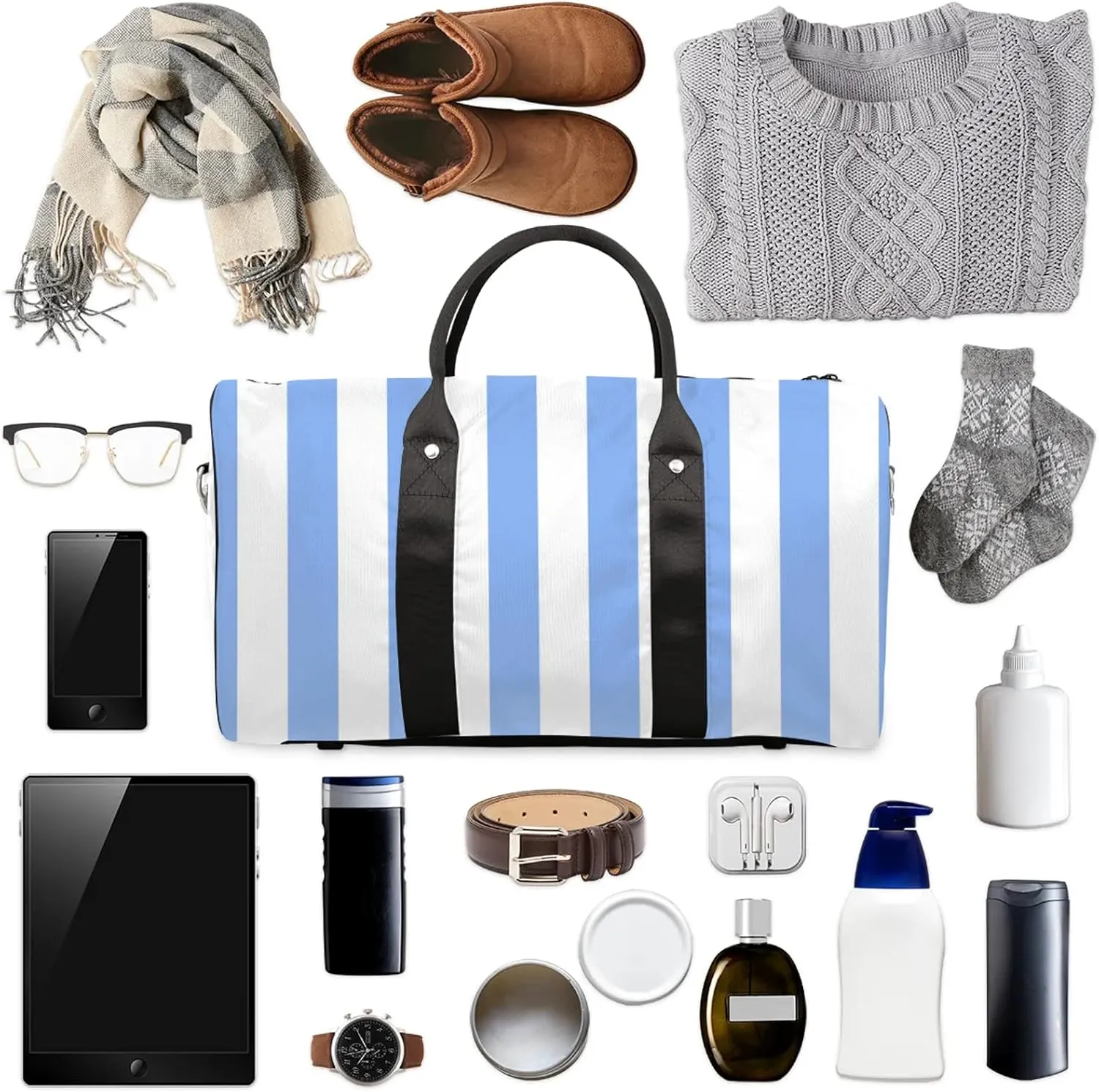 Blue Stripes Travel Duffle Bag for Women Men, Carry On Overnight Bag, Weekend Travel Duffel Tote Bags for Trips Sport Hospital