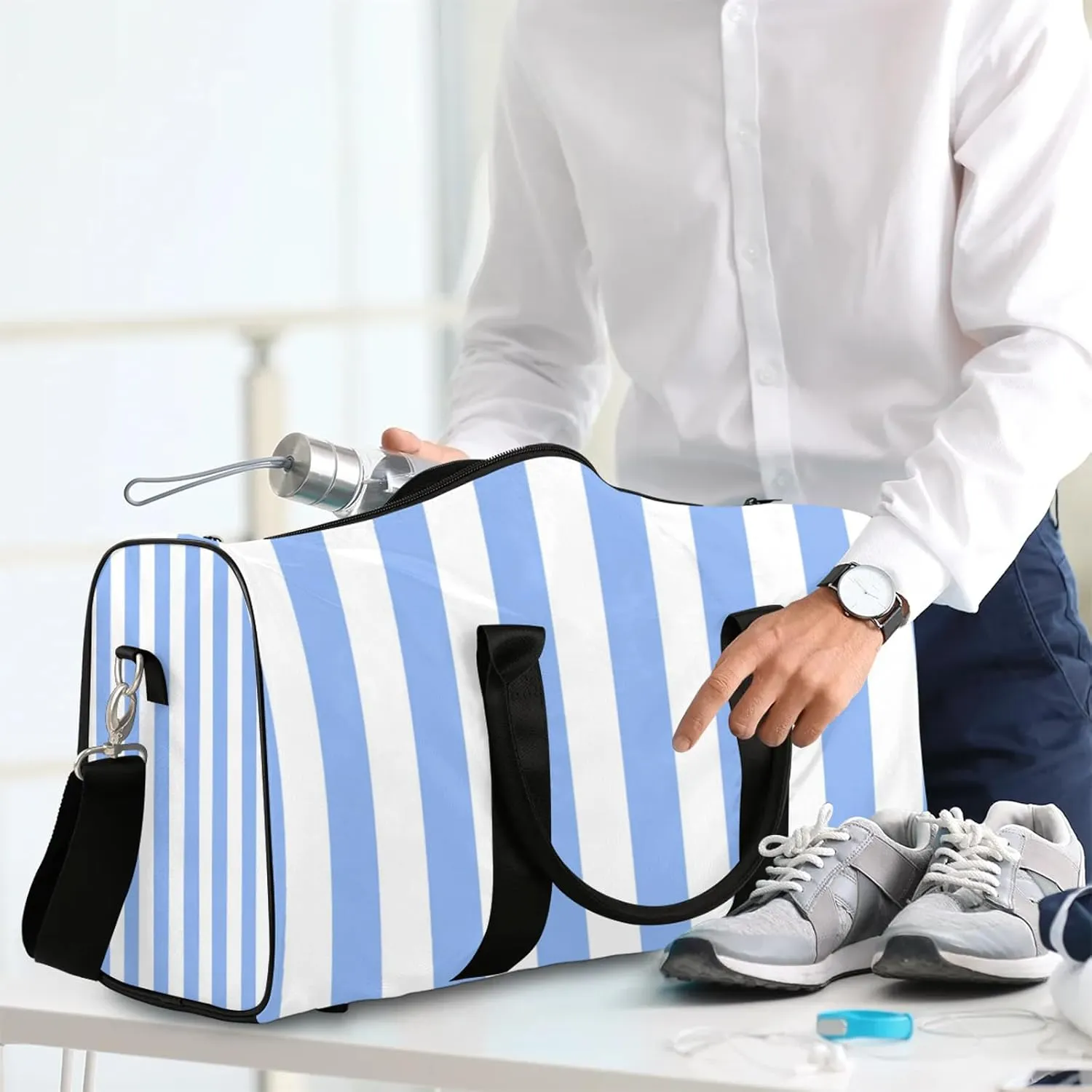 Blue Stripes Travel Duffle Bag for Women Men, Carry On Overnight Bag, Weekend Travel Duffel Tote Bags for Trips Sport Hospital