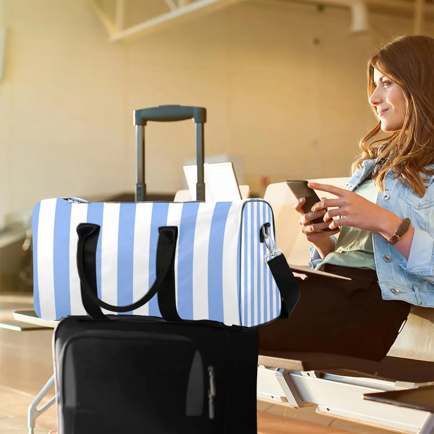 Blue Stripes Travel Duffle Bag for Women Men, Carry On Overnight Bag, Weekend Travel Duffel Tote Bags for Trips Sport Hospital
