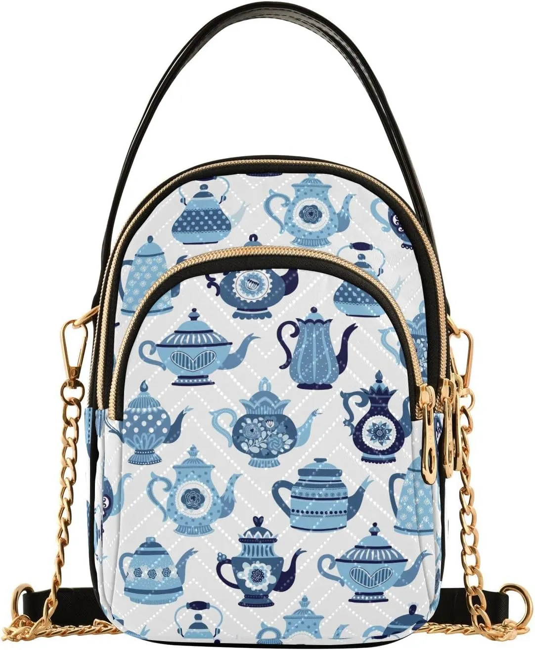 Blue Teapots Crossbody Bags for Women Quilted Shoulder Bag Handbag with Chain Strap Trendy Cross Body Cell Phone Crossbody Purses for Travel Women