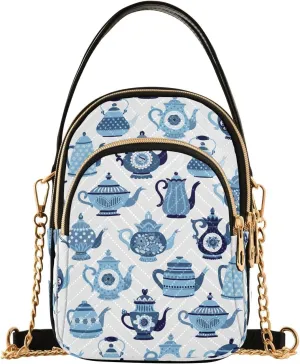 Blue Teapots Crossbody Bags for Women Quilted Shoulder Bag Handbag with Chain Strap Trendy Cross Body Cell Phone Crossbody Purses for Travel Women
