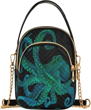 Blue Watercolor Octopus Crossbody Bag for Women Mini Cell Phone Purse Women's Shoulder Handbag