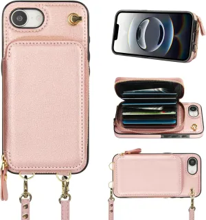 Bocasal Crossbody Wallet Case for iPhone 16e, RFID Blocking Leather Purse Case with Card Holder, Protective Handbag Flip Cover with Zipper Wrist Strap Lanyard for Women 5G 6.1 Inch (Rose Gold)