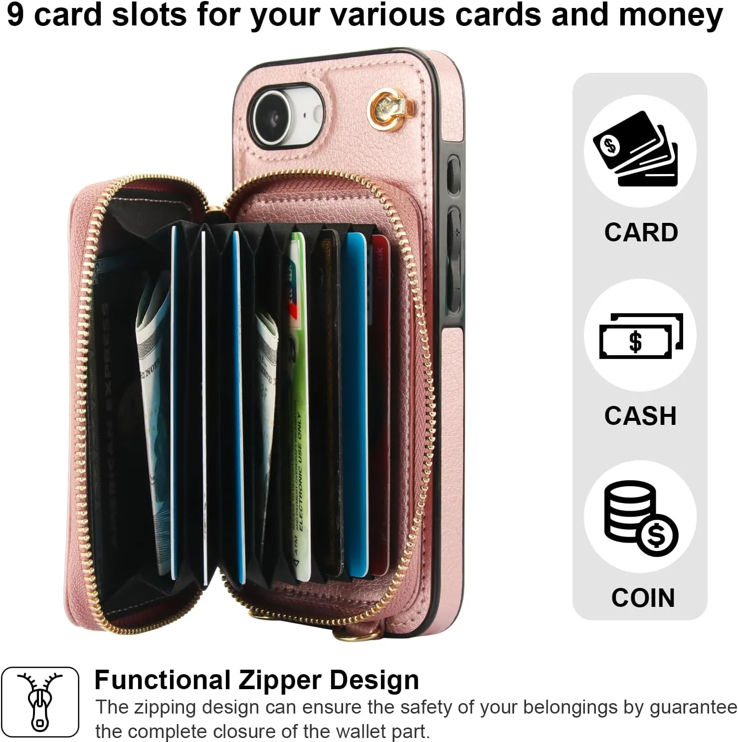 Bocasal Crossbody Wallet Case for iPhone 16e, RFID Blocking Leather Purse Case with Card Holder, Protective Handbag Flip Cover with Zipper Wrist Strap Lanyard for Women 5G 6.1 Inch (Rose Gold)