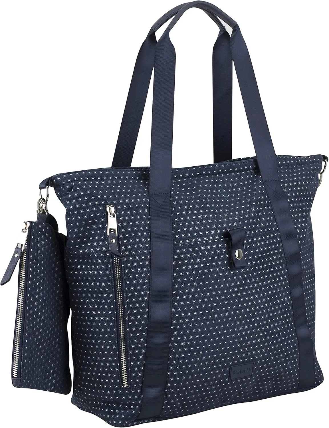 BODHI Township Tote with Removable Zipper Wristlet and Adjustable Crossbody Strap-Navy/Glitter Dots