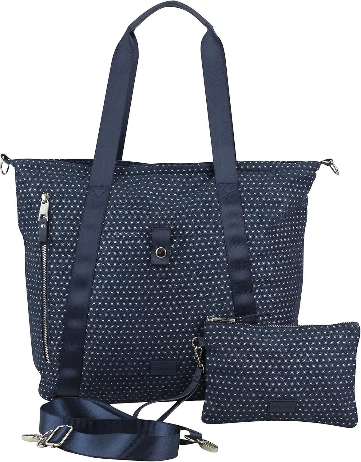 BODHI Township Tote with Removable Zipper Wristlet and Adjustable Crossbody Strap-Navy/Glitter Dots