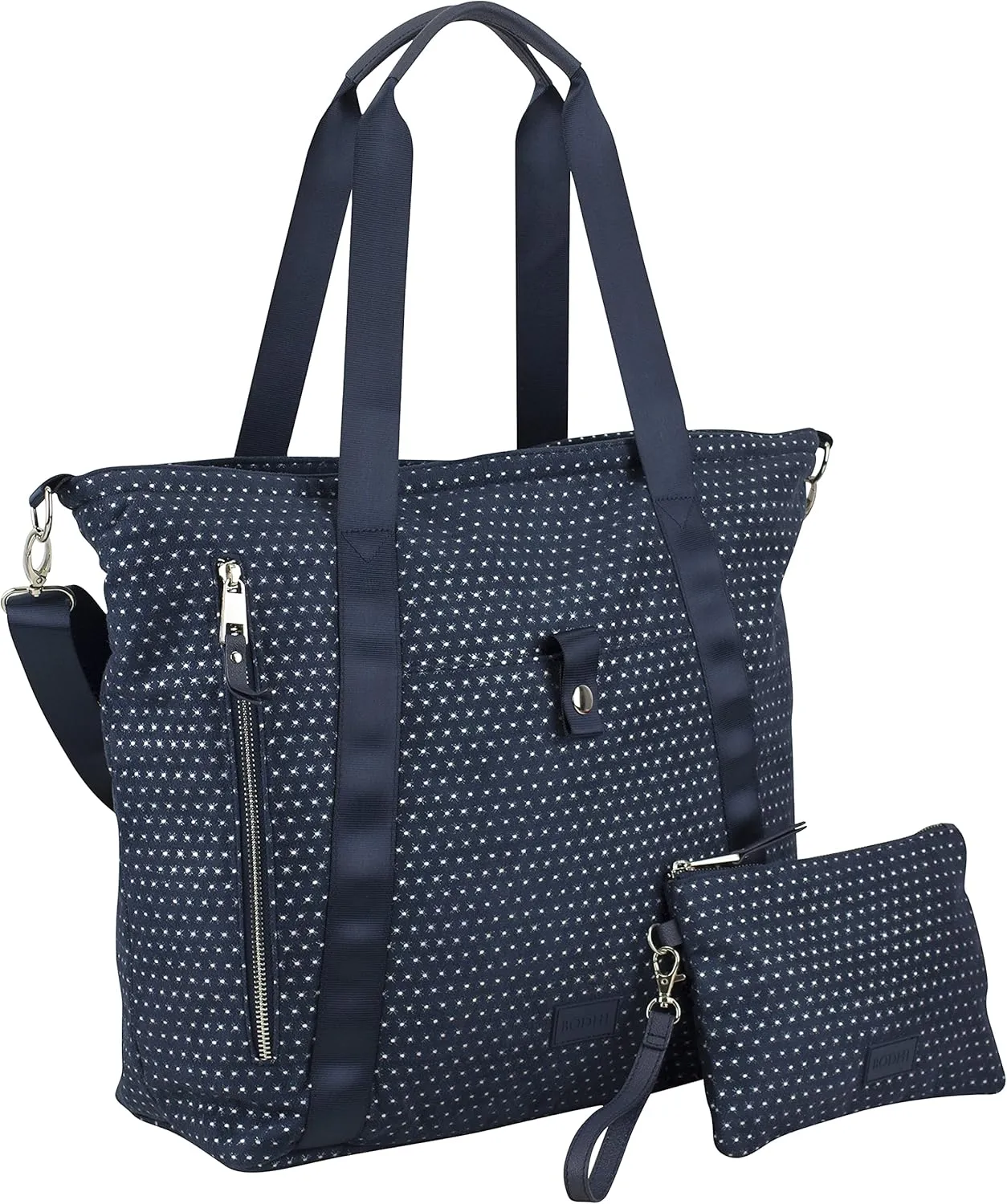 BODHI Township Tote with Removable Zipper Wristlet and Adjustable Crossbody Strap-Navy/Glitter Dots