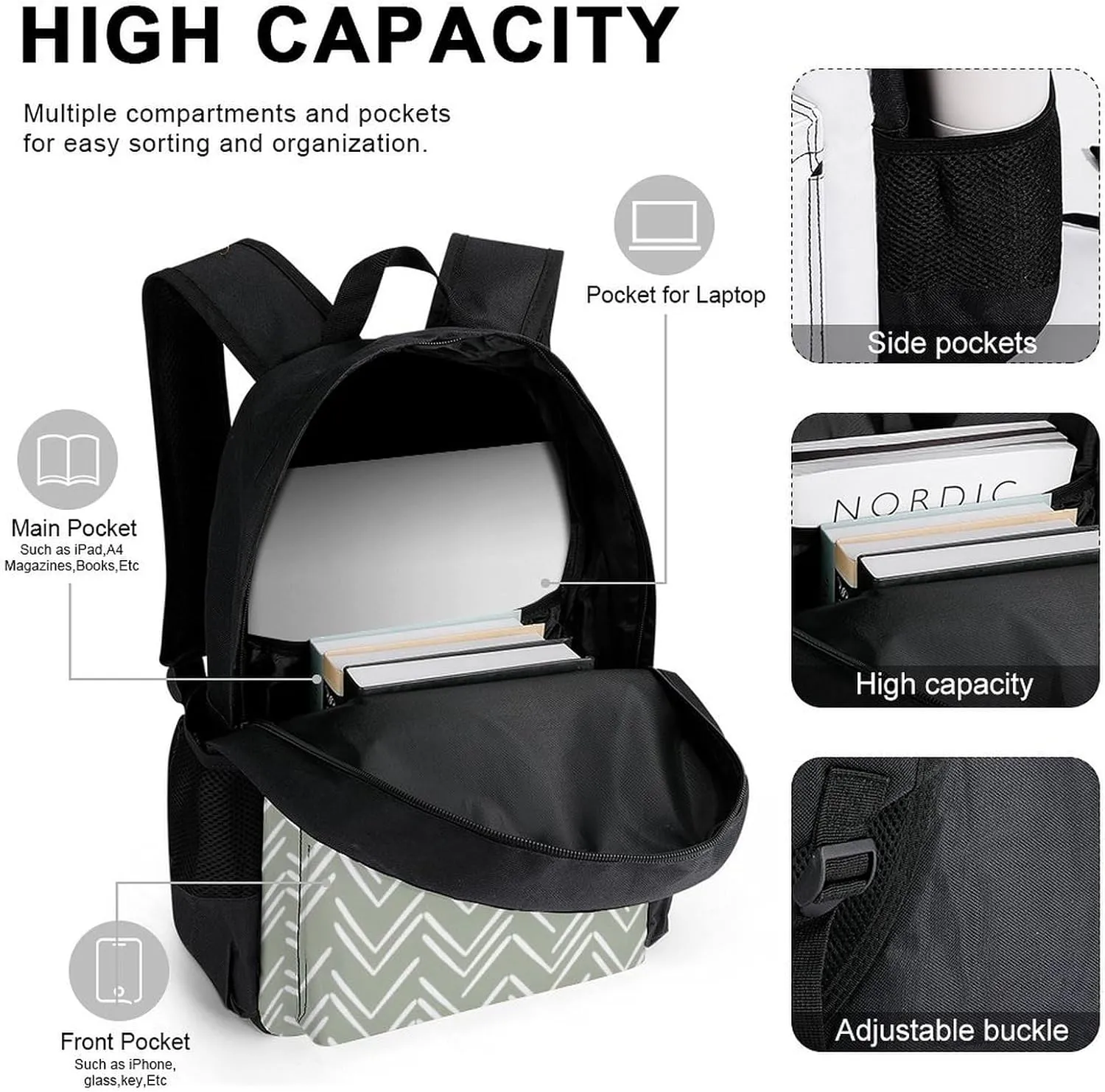 Boho Mud Cloth Chevron Lightweight Pocket Backpack Crossbody Lunch Bag Set Unisex