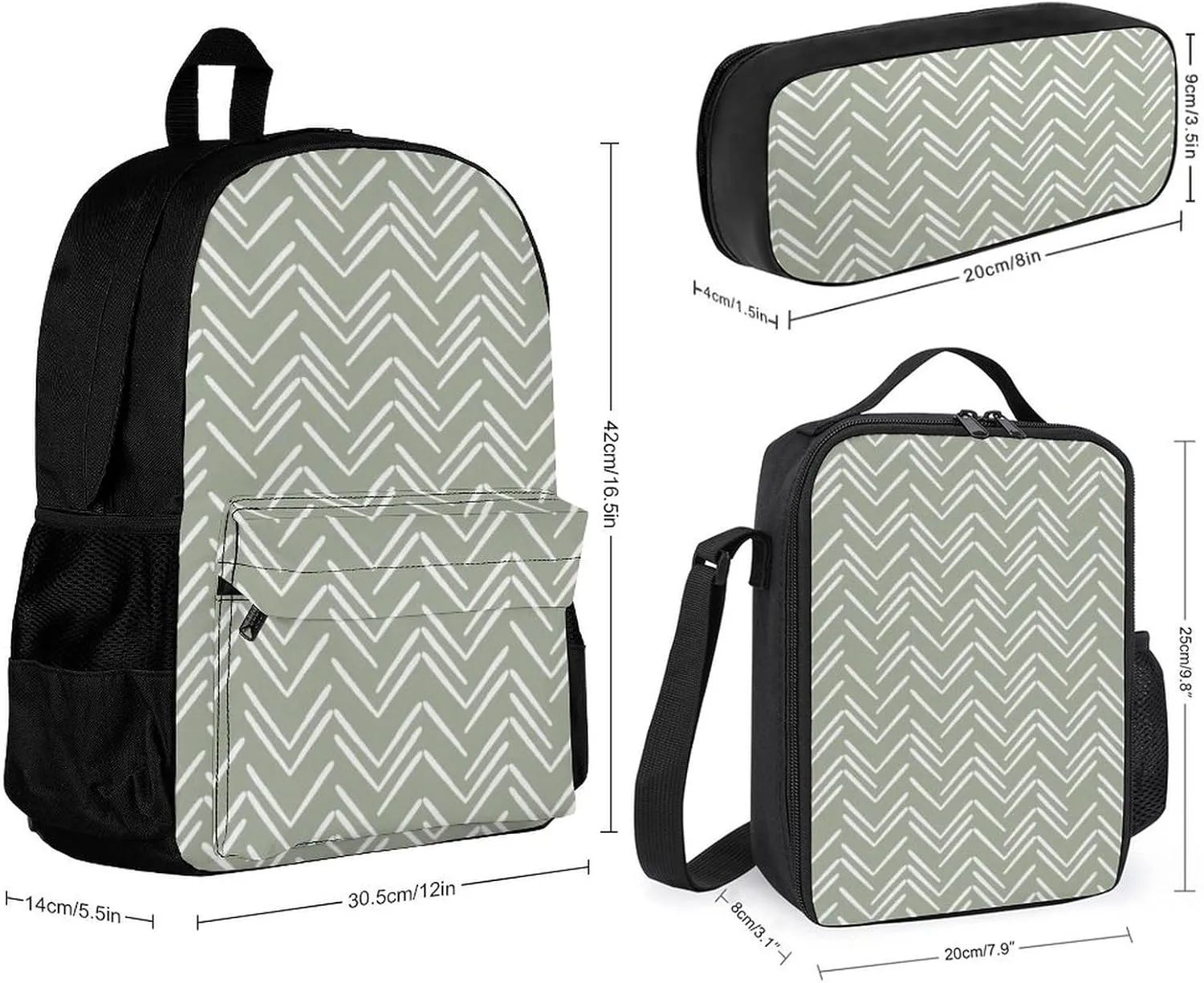 Boho Mud Cloth Chevron Lightweight Pocket Backpack Crossbody Lunch Bag Set Unisex