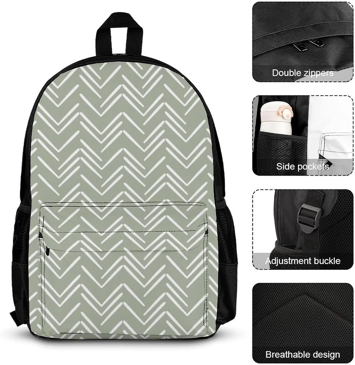 Boho Mud Cloth Chevron Lightweight Pocket Backpack Crossbody Lunch Bag Set Unisex