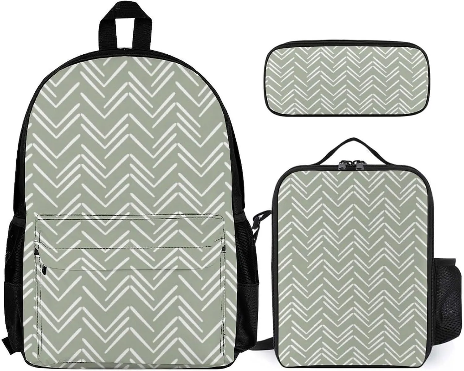 Boho Mud Cloth Chevron Lightweight Pocket Backpack Crossbody Lunch Bag Set Unisex