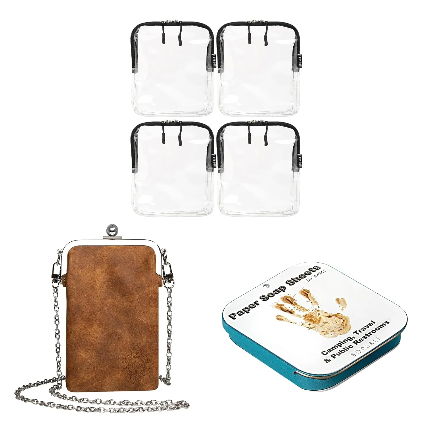 BORSALI 4-pack TSA Quart Size Bag Approved for Carry On Travel with Brown Small Crossbody Bag for Women and Paper Soap Sheets 1 Case with 50 Sheets To Go