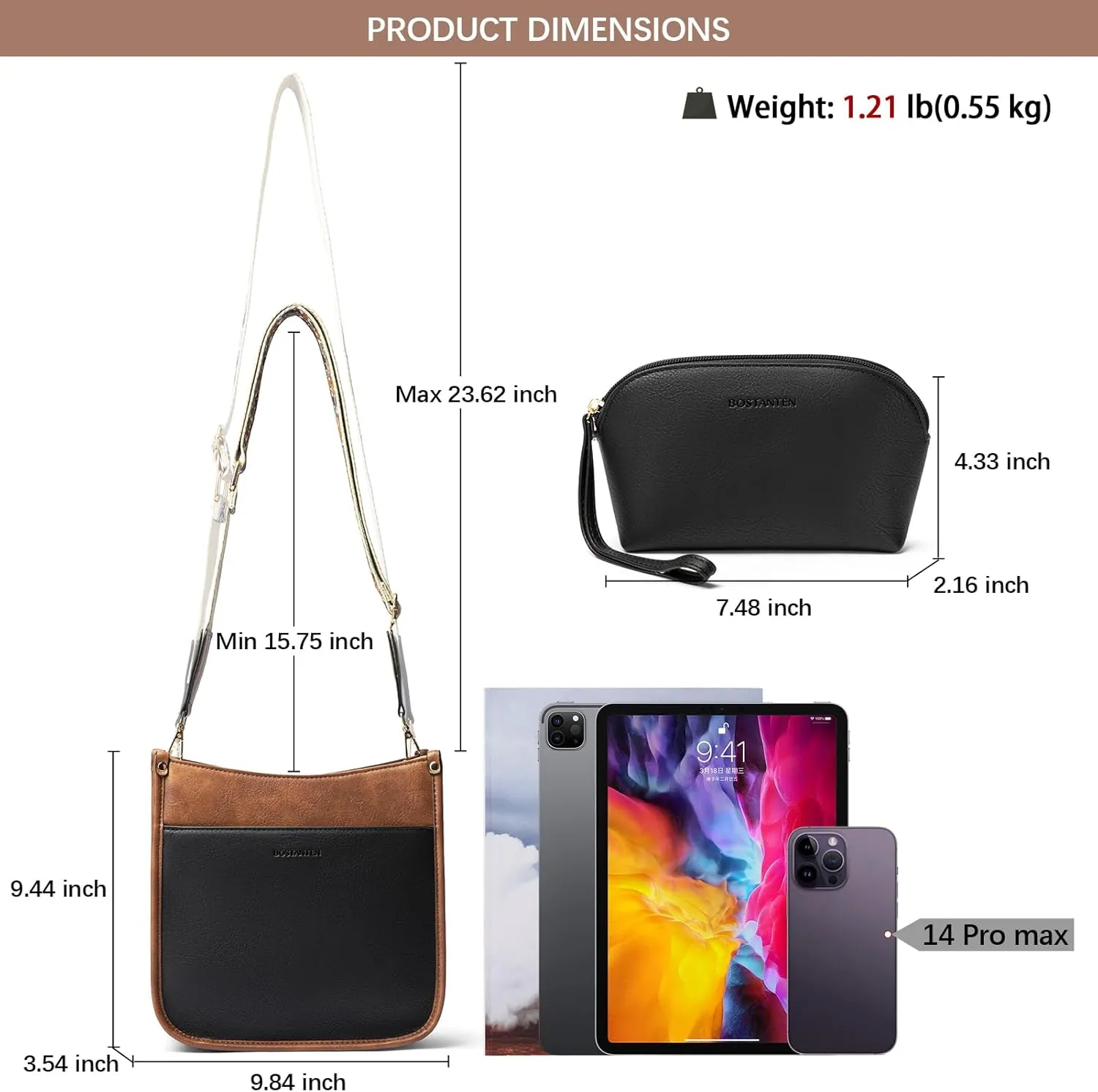 BOSTANTEN Crossbody Bags for Women Trendy Vegan Leather Hobo Handbags Fashion Shoulder Purse with Adjustable Guitar Strap
