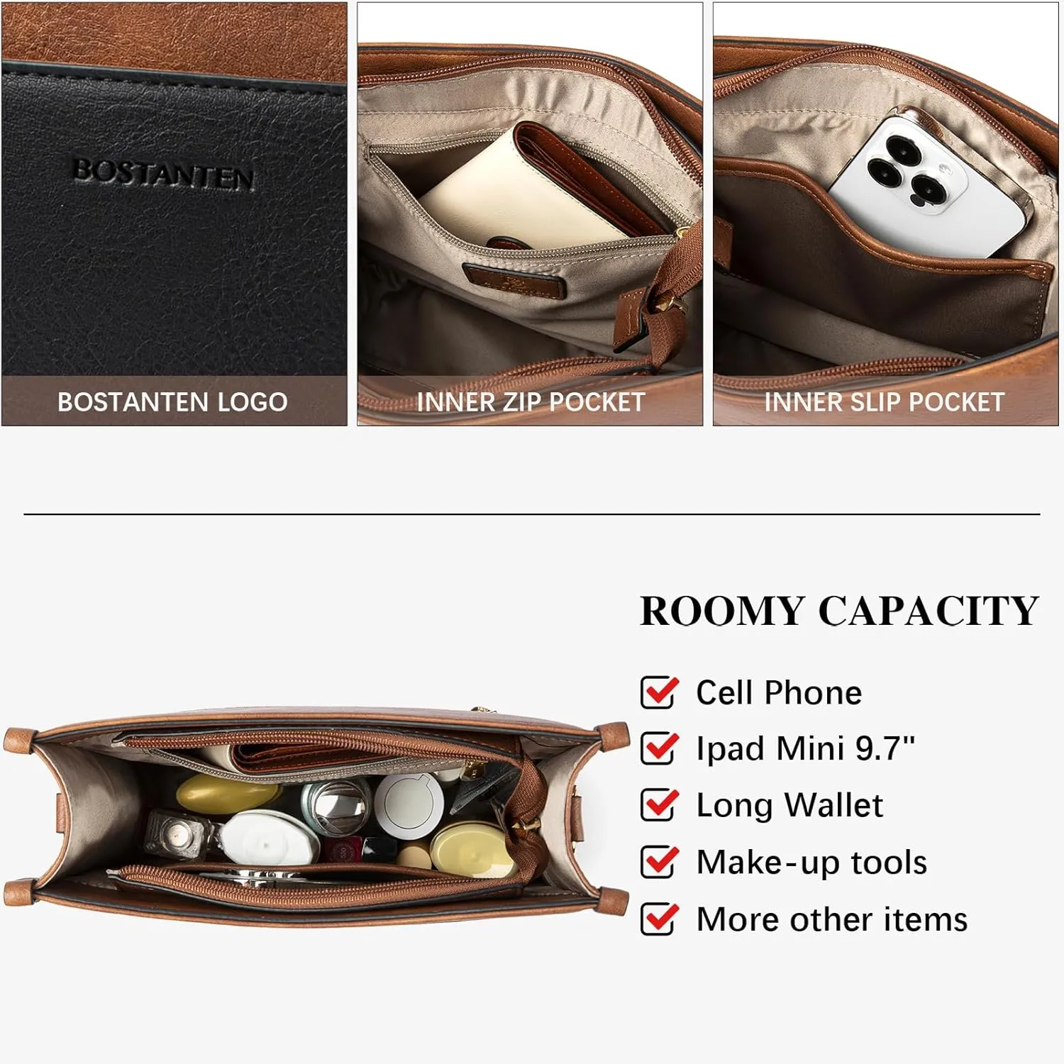 BOSTANTEN Crossbody Bags for Women Trendy Vegan Leather Hobo Handbags Fashion Shoulder Purse with Adjustable Guitar Strap